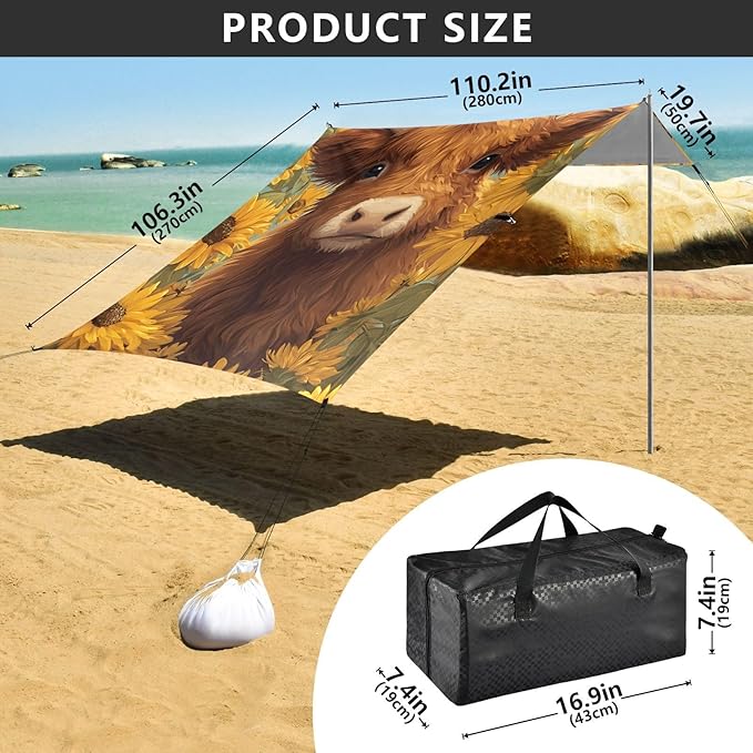 ALAZA Highland Cow Sunflower Beach Tent Sun Shelter Portable Canopy Sunshade for Outdoor Camping Picnics Backyard Fun 10x9 ft
