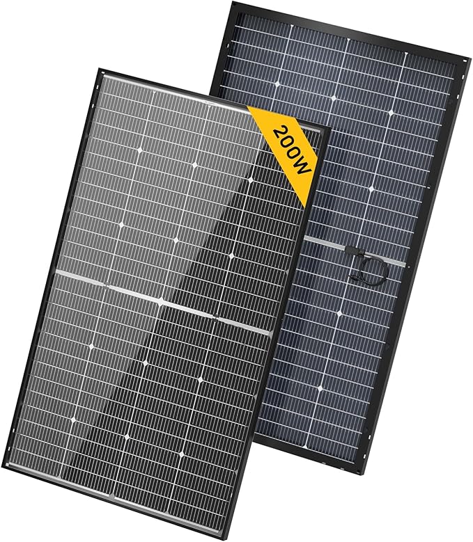 BougeRV 24V N-Type 16BB 200W Bifacial Solar Panel 24V 200 Watt Solar Panel for RV Camping Boat Marine Log Cabin Roof Charing Golf Cart Lithium Battery Black Frame (1PCS)