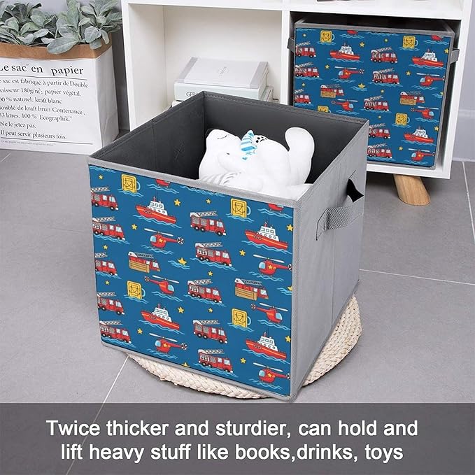 Large Capacity Storage Boxes Firetrucks Transportation Fire Trucks Foldable Organizer Baskets with Handles Clever Storage Solution for Home