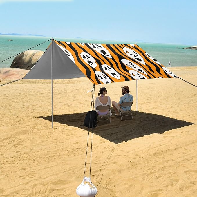ALAZA Ghost Halloween Beach Tent Sun Shelter UPF50+ Protection Beach Shade Canopy w/ 4 Sandbags for Outdoor Camping Fishing Backyard Fun Picnic 10x9 ft