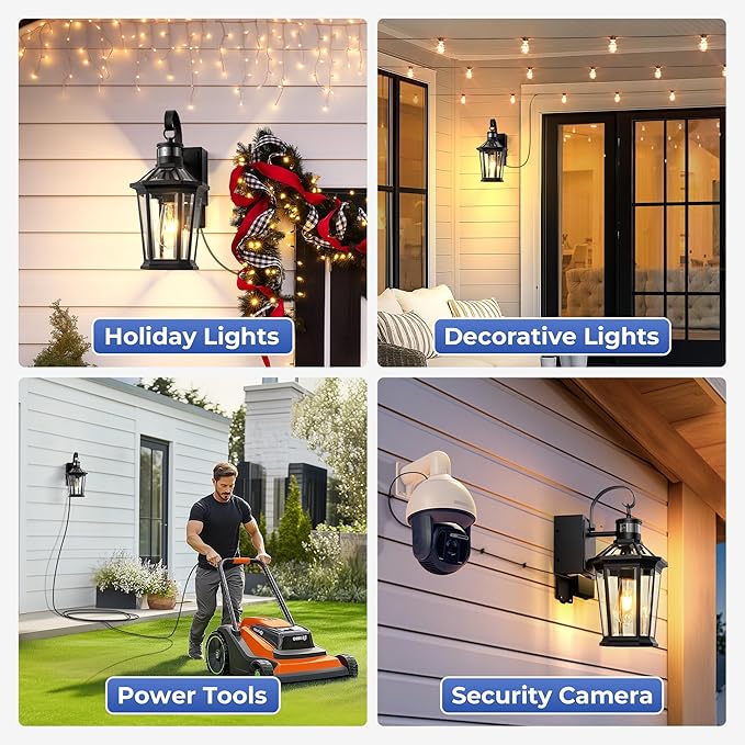 Gleamz Porch Lights Outdoor with GFCI Outlet Black Motion Sensor Light Wall Mount 100% Aluminum Anti-Rust Waterproof Outside Light Fixture for House Patio Garage Adjustable Distance Time 5 Modes