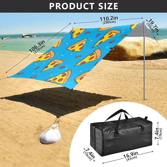ALAZA Yellow Pizza Pattern Beach Tent Sun Shelter Portable Canopy Sunshade for Outdoor Camping Picnics Backyard Fun 10x9 ft