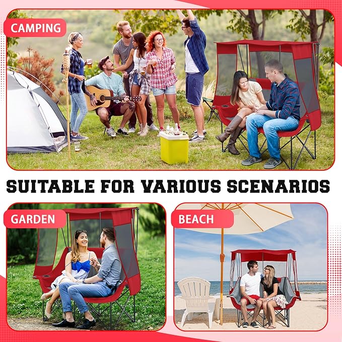 Teenyyou Double Camping Chair with Canopy Shade 660lbs Heavy Duty Beach Chair Portable Folding 2 Person Camping Loveseat with Cup Holder and Storage Bag for Lawn Beach Outdoor Sport(Red and Grey)