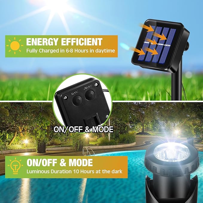 Tujoe 2 Sets Solar Spot Lights Outdoor 10.2ft Cable Landscape Lights Solar Spotlight Lawn Lights Solar Pond Lights Auto On/off 6 LED Waterproof Adjustable for Garden Yard Pool