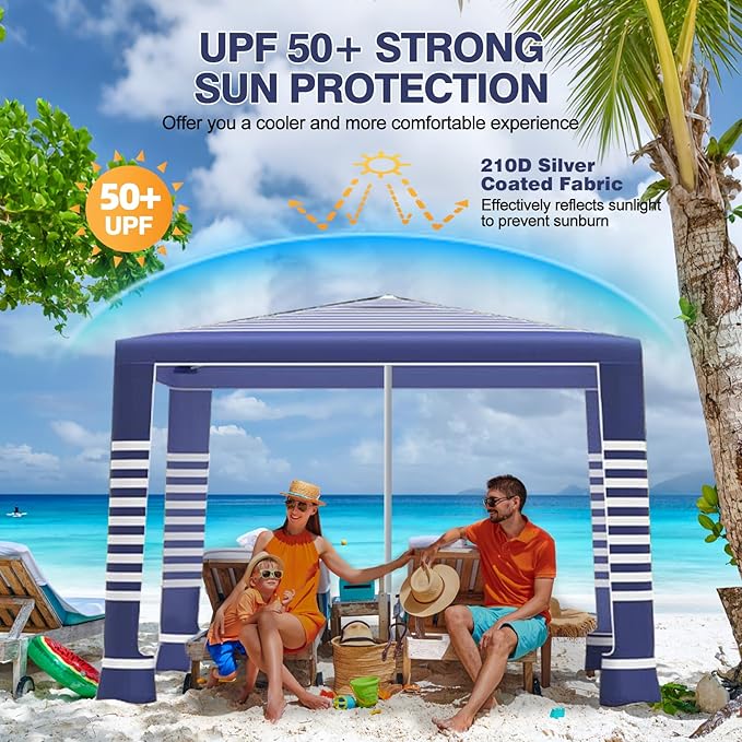 Beach Tent8'×8' Large Beach Canopy for 4-6 PeopleEasy Setup Beach Sun Shelter with UPF 50+ ProtectionAdjustable Height &amp Wind Resistant Beach Cabana for FamilyParty (Navy Blue-Stripes)