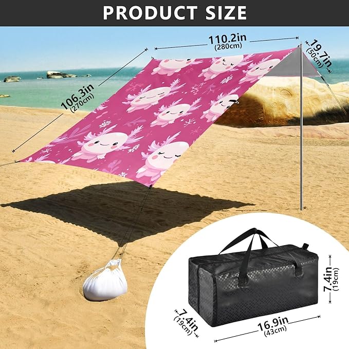 ALAZA Cute Axolotl Cartoon Beach Tent Sun Shelter UPF50+ Protection Beach Shade Canopy w/ 4 Sandbags for Outdoor Camping Fishing Backyard Fun Picnic 10x9 ft