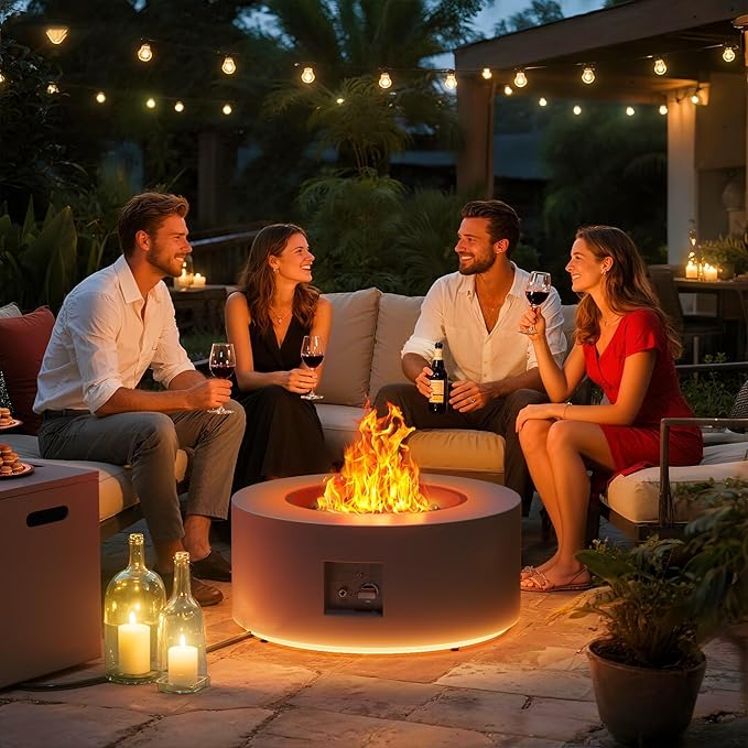 30' Outdoor Fire Pit Table with 50000 BTU Output Premium Gas Fire Pit Tables for Outside Patio Round Propane Fire Pit with Glass Stones Waterproof Cover (Grey/Warm Light 30 LED)