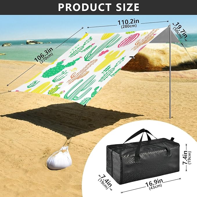 Beach Canopy with Windproof Ropes &amp Sandbags Beach Tent Sun Shade Sun Shelter for Camping Trips Fishing Backyard Fun or Picnics Cactus