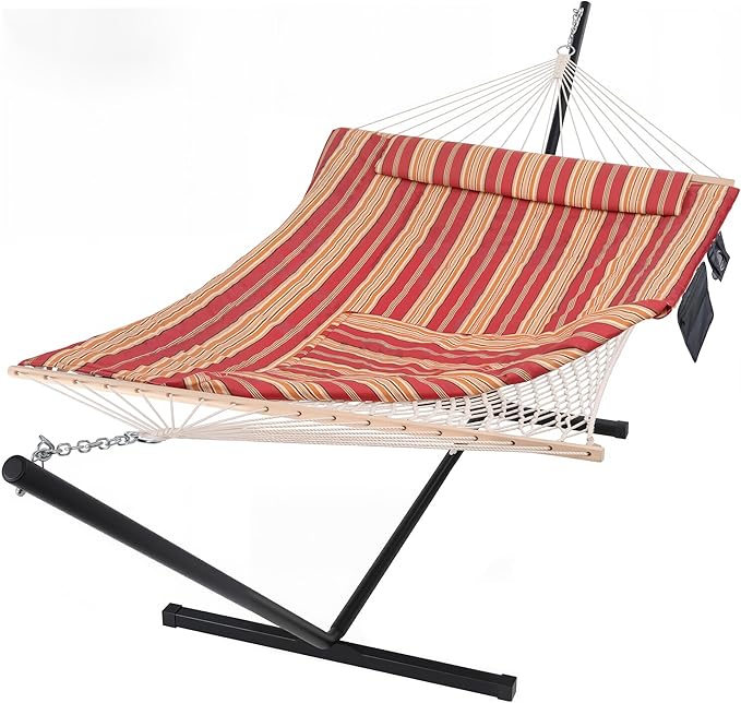 SUNCREAT Hammocks Portable Hammock with Stand Hammock with Stand 2 Person Heavy Duty for Bedroom Backyard Patio Balcony Red Stripe