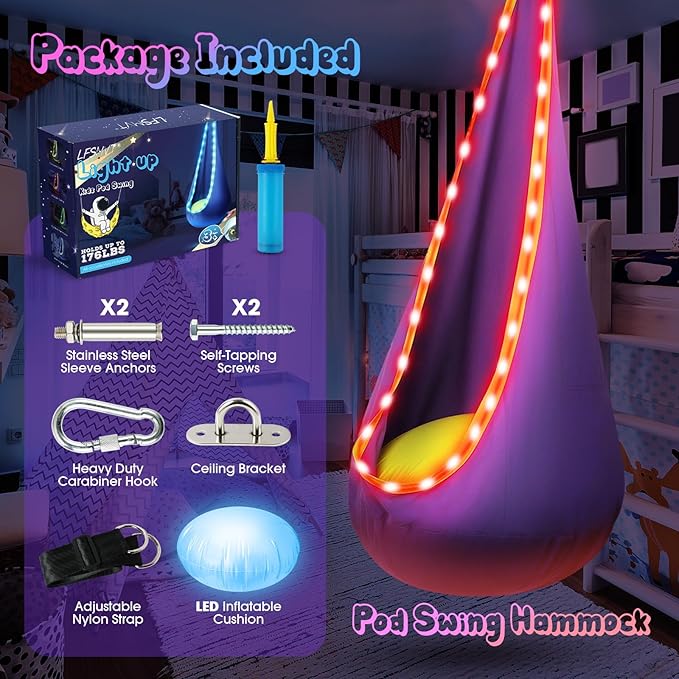 Light Up Kids Pod Swing Seat Upgraded Kids Hanging Hammock Swing with LED Lights Cotton Sensory Pod Swing Chair with Inflatable Pillow Pod Swing for Kids Indoor &amp Outdoor (1 PCS) (Blue)