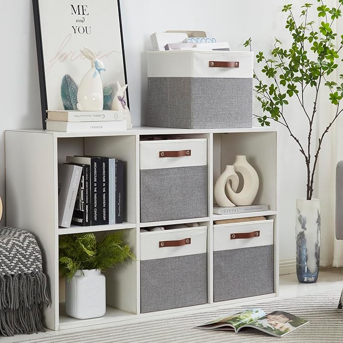 Collapsible Fabric Storage Cube Bins with 2 Reinforced PU Handles Foldable Storage Organizer Baskets for Closet Shelves Living Room | 13x13x13 4 Pack Gray &amp White