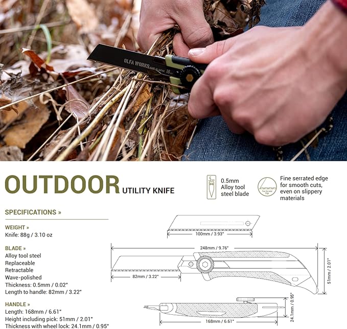 OLFA WORKS OW-OUK-1/SB Outdoor Knife Fine Serrated Edge Blade for Confident Cutting - Multi Purpose Outdoor Knife Designed to Handle Slippery Materials like Rope Plastic and Canvas - Ratchet-wheel