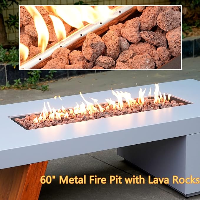 ONLYFIRE OUTDOOR LIVING Premium 60” Gas Fire Pit Table with Unique Wooden-Visual Leg Large Propane Fire Table with Lava Rocks Smokeless Fireplace 60000BTU for Backyard Patio Villa Bonfire FP015