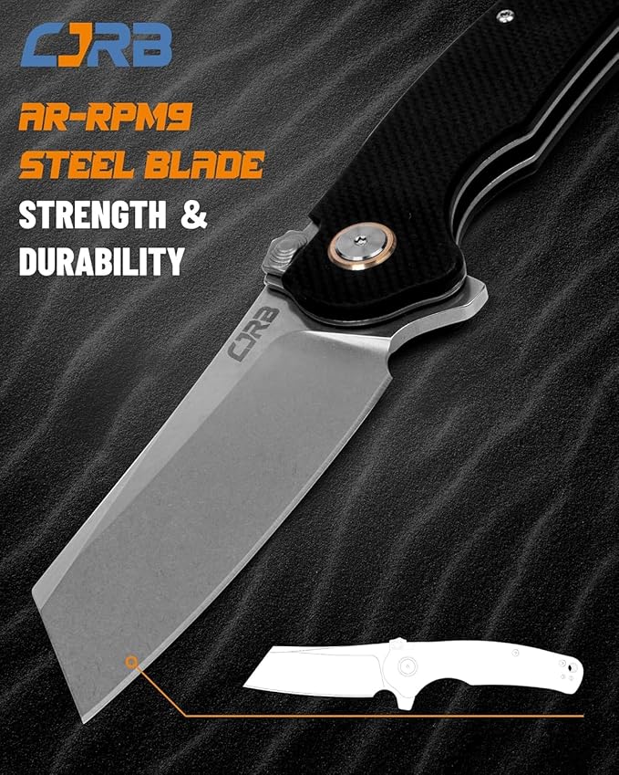 CJRB Crag Tactical Knife Cleaver Pocket Folding Knife with Stonewash AR-RPM9 Steel Blade and G10 Handle for Men Outdoor Survival Camping and EDC (J1904R)Black