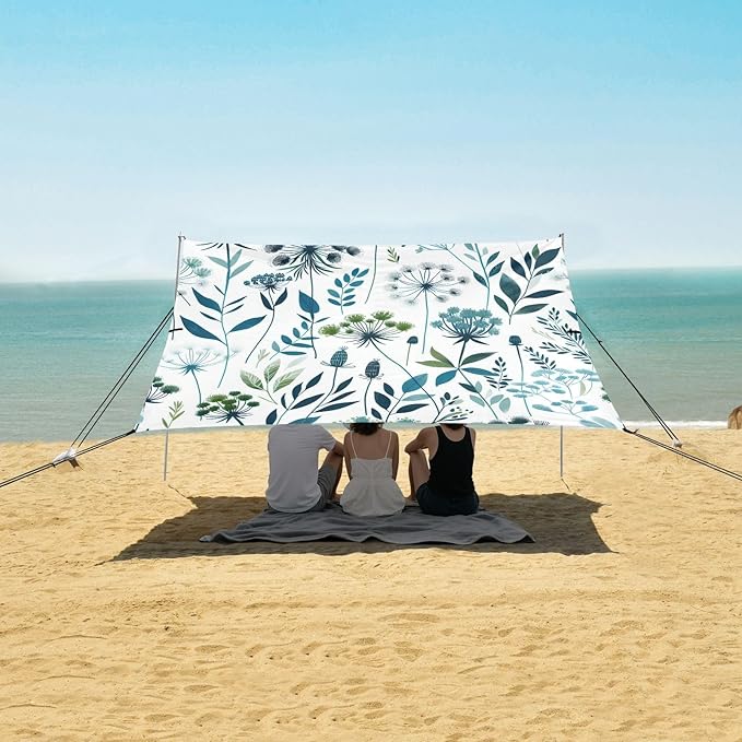 Elegant Botanical Flowers Beach Tent Sun Shelter Set UPF50+ UV Protection 10.5 x 9.19 FT Camping Shade Canopy with Sandbags Sand Anchors Carrying Bag and Others