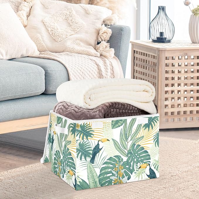 susiyo Large Foldable Storage Bin with Flip-Top Lid Modern Bird Leave Storage Box Collapsible Closet Organizer Containers Boxes Decorative Baskets with Handles for Home Bedroom Living Room Office