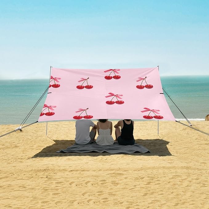 Beach Canopy with Windproof Ropes &amp Sandbags Beach Tent Sun Shade Sun Shelter for Camping Trips Fishing Backyard Fun or Picnics Cherry