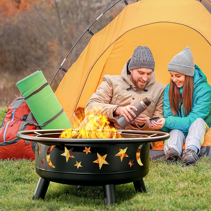 32 Inch Round Fire Pit with Mesh Cover Fire Poker Star and Moon Design Metal Wood Burning Outdoor Firepit for Patio Backyard Garden Bonfire PartyPerfect for Christmas Thanksgiving Halloween