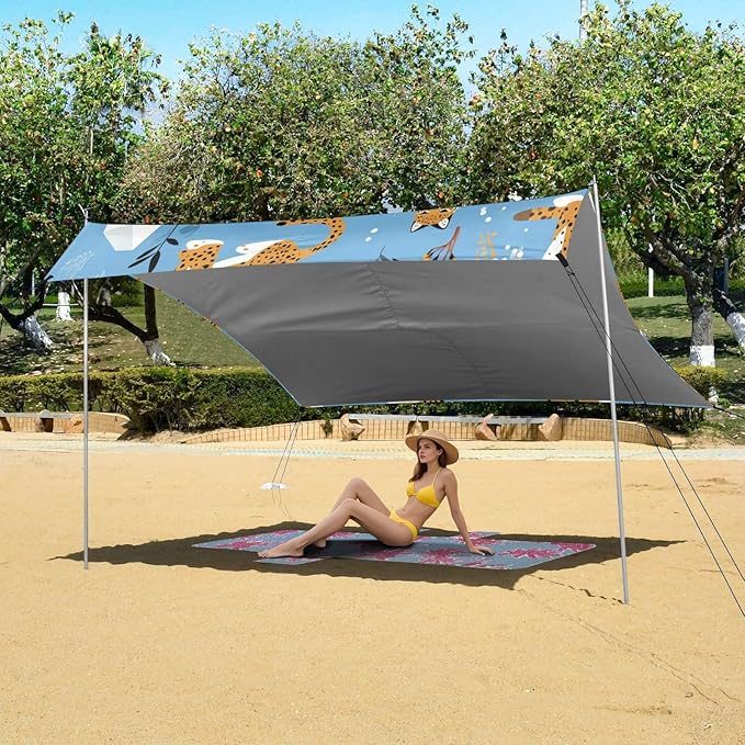 Modern Leopard Pattern Foldable Beach Canopy UPF50 Lightweight Large Sun Shelter with Sand Pockets for Camping Picnics Backyard &amp Fishing