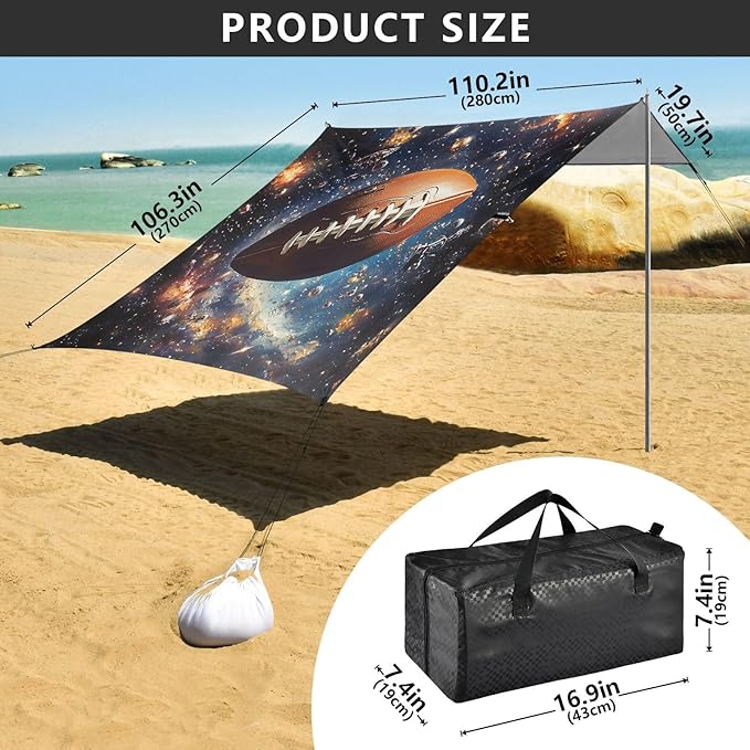 ALAZA Football in Space Beach Tent Sun Shelter UPF50+ Protection Beach Shade Canopy w/ 4 Sandbags for Outdoor Camping Fishing Backyard Fun Picnic 10x9 ft