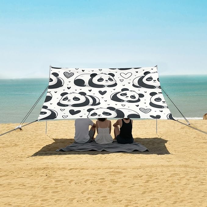 ALAZA Sleeping Panda Heart Beach Tent Sun Shelter UPF50+ Protection Beach Shade Canopy w/ 4 Sandbags for Outdoor Camping Fishing Backyard Fun Picnic 10x9 ft