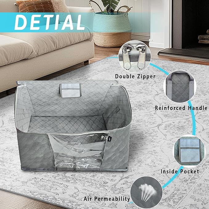 WFK handbag 4-piece set foldable thick fabric storage bag used for organizing bedrooms wardrobes and wardrobes Can store clothes blankets plush toys gray