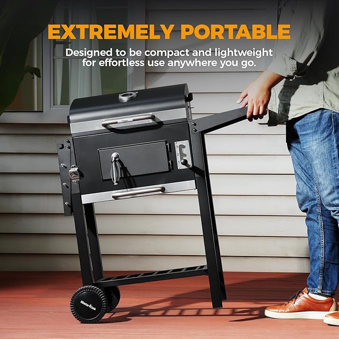 MASTER COOK Charcoal Grills with Two Foldable Side Tables 353 Sq.In Cooking Area Outdoor Smoke Barbecue bbq Grill for Camping Backyard Party Patio Picnic Garden Black18D x 43W x 37H
