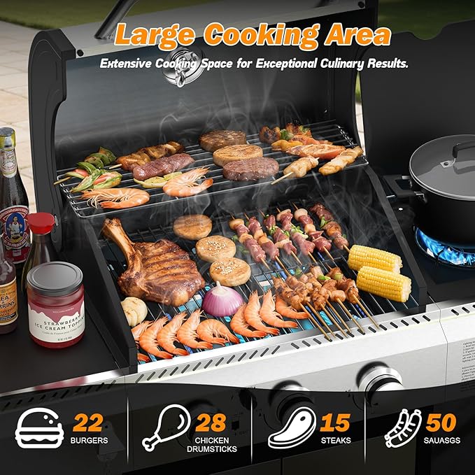 Electactic 3-Burner Propane Gas BBQ Grill with Side BurnerStainless Steel Grill with Porcelain-Enameled Grates37000 BTU Barbecue Grill Suitable for Outdoor CookingCampingPatio Backyard