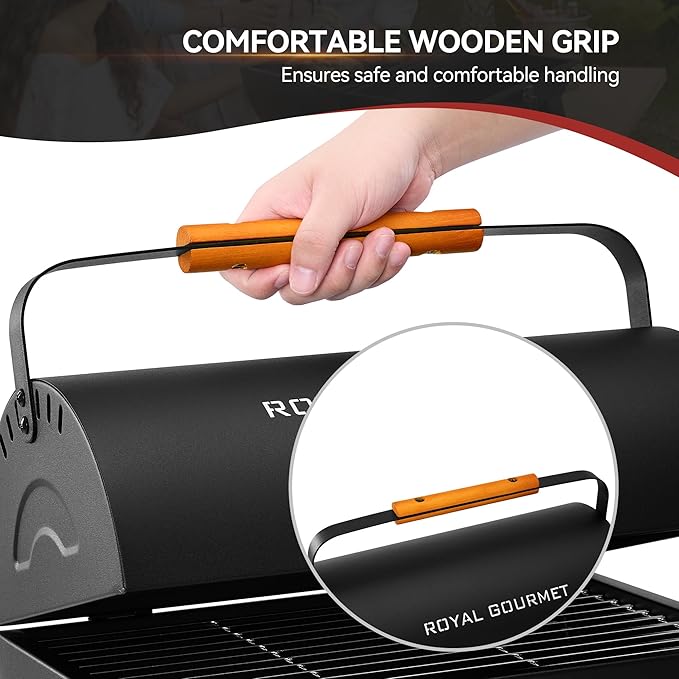 Royal Gourmet CC1015W Portable Charcoal Grill 147 sq. in. Cooking Grid Wooden Handle Tabletop BBQ Grill for Outdoor Barbecue Camping Picnic Backyard Patio Black