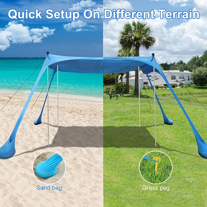 Beach Tent Sun Shelter with UPF 50+ UV Protection Beach Canopy Sun Shade 11x11 FT with Sandbags Poles and Ground Pegs and Anti-Wind Ropes Pop Up Tent for Camping Backyard and Picnics