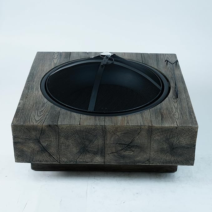 Outdoor Wood Burning Fire Pit with Wood Grain Design Magnesium Oxide Antique Dark Grey 27.4” x 24.4” x 18” for Garden and Patio