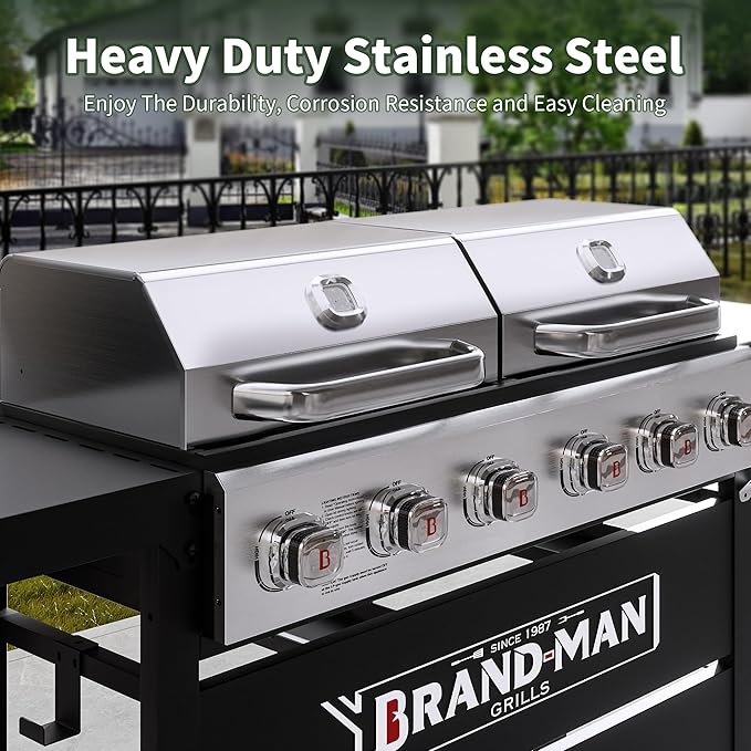 Brand-Man Griddle Grill Combo 6-Burner 2 in 1 Versatile Propane Gas Grill and Griddle with Double Stainless Steel Lids BBQ Combo for Outdoor Kitchen &amp Backyard Barbecue Cooking