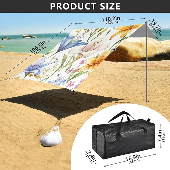ALAZA Watercolor Lily Floral Wildflowers Beach Tent Sun Shelter Portable Canopy Sunshade for Outdoor Camping Picnics Backyard Fun 10x9 ft
