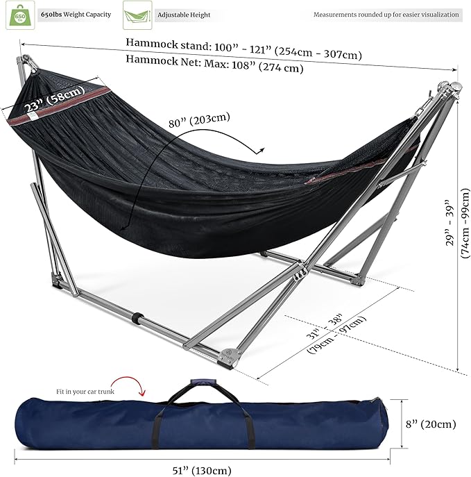 Tranquillo Double Hammock with Stand 650lb Capacity Double Hammock with Spreader Bar Solid Grade 201 Stainless Steel 30s Set Up Sturdy Flexible Hammock Stand Portable Outdoor Indoor Black