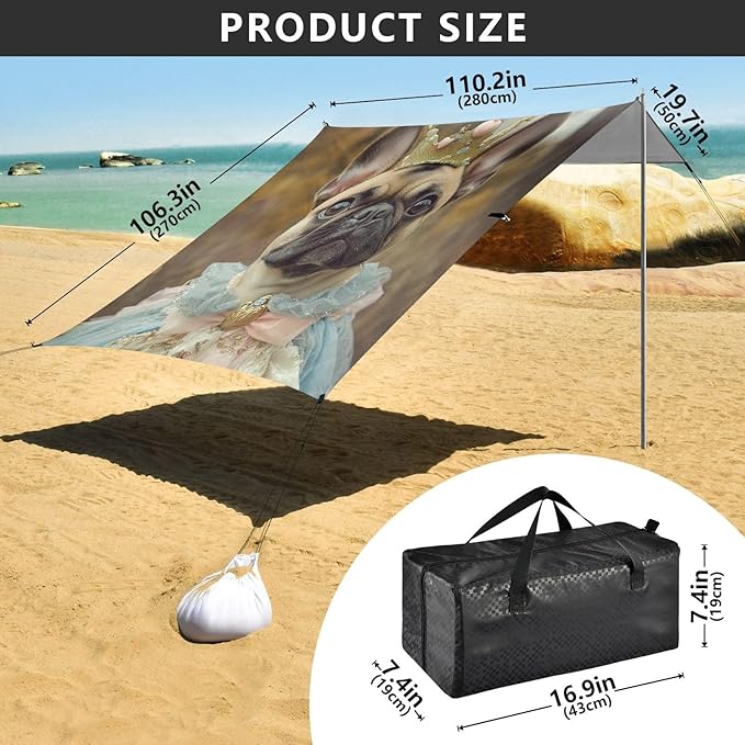 ALAZA French Bulldog Dog Dressed Up Crown Beach Tent Sun Shelter Portable Canopy Sunshade for Outdoor Camping Picnics Backyard Fun 10x9 ft