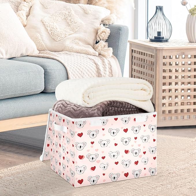 Pink Valentine Koala Hearts Storage Box with Lid 1 PC Foldable Storage Bin with Lids Stackable Storage Bins Cube Closet Organizer Basket with Flip-Top Lid &amp Handles for Shoes Books Towels
