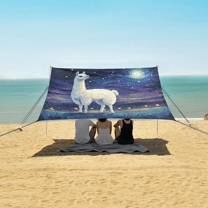 ALAZA Llama Starry Sky Beach Tent Sun Shelter UPF50+ Protection Beach Shade Canopy w/ 4 Sandbags for Outdoor Camping Fishing Backyard Fun Picnic 10x9 ft