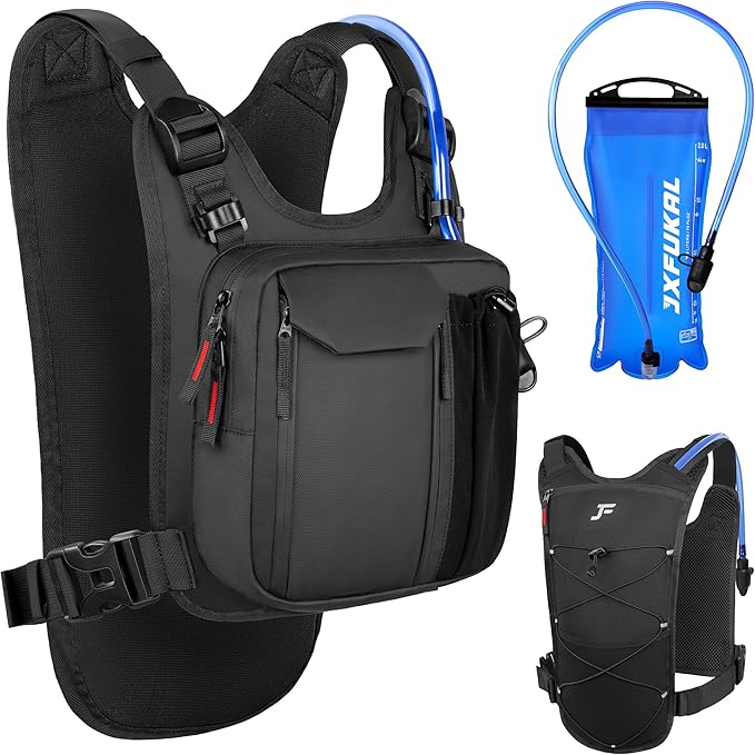 JXFUKAL Running Vest Lightweight Hydration Backpack with 2L Water Bladder Reflective Hydration Pack Tactical Chest Pack Bag for Hiking Running Cycling Marathon for Women Men