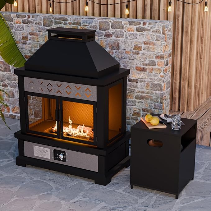 COOS BAY Outdoor Propane Fire Pit 50000 BTU Smokeless Gas Fireplace with Mesh Doors Tank Storage &amp Adjustable Flame for Patio Deck Backyard Black/Gray