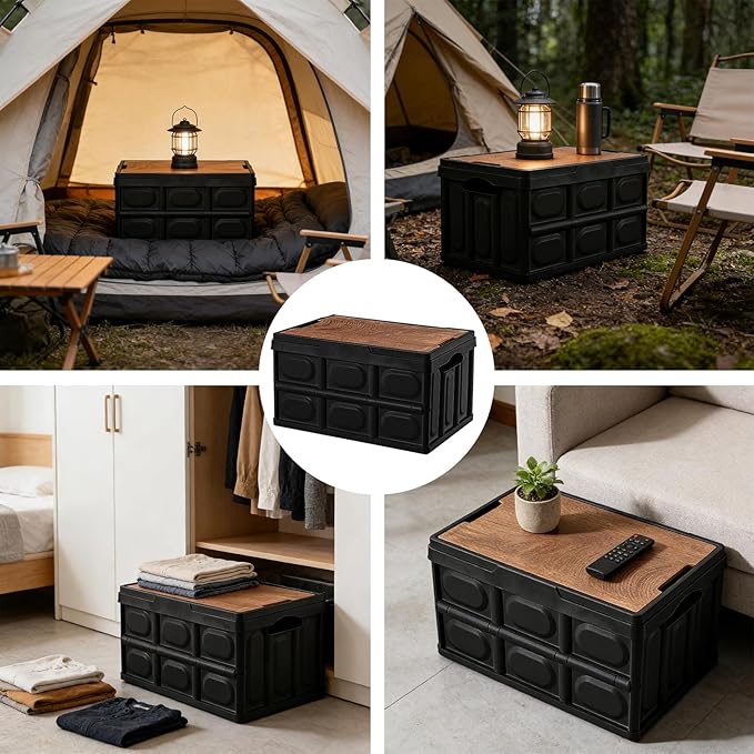 CTESNE【3-in-1 Wooden Lid 32L Storage Bins with Lids and HandlePortable Foldable Storage Box Plastic Stackable Storage Bins for Camp Car RV Office (Black)