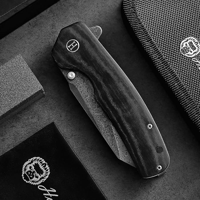 Clip Point Folding Knife with G10 Tactical Handle Damascus Steel Blade Gift Box Set - Ideal for Everyday Carry - Holtzman's Gorilla Survival