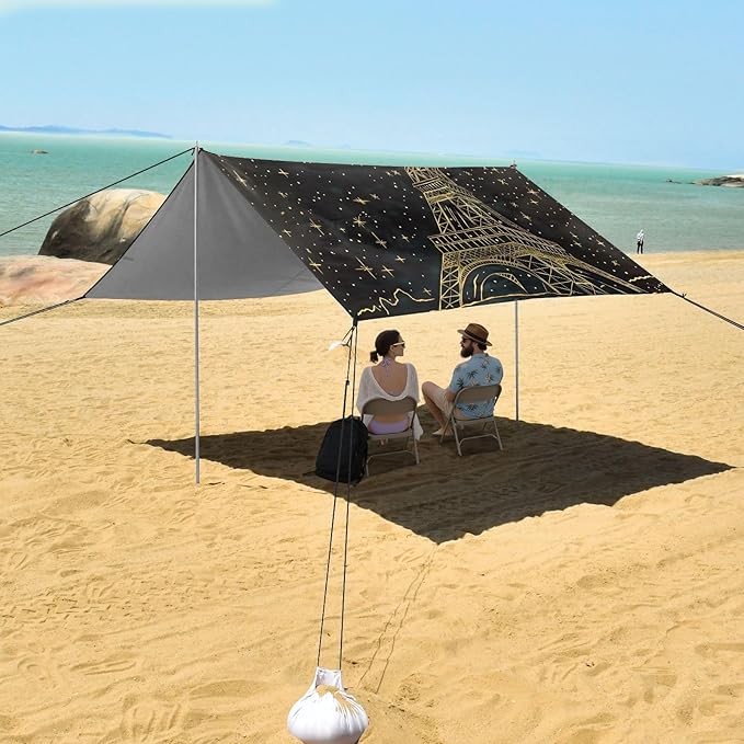 ALAZA Gold Eiffel Tower Starry Sky Beach Tent Sun Shelter UPF50+ Protection Beach Shade Canopy w/ 4 Sandbags for Outdoor Camping Fishing Backyard Fun Picnic 10x9 ft