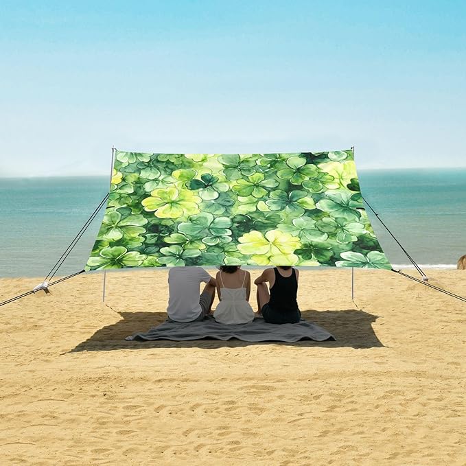 xigua St. Patrick's Day Clover Beach Tent Sun Shelter with Carrying Bag - Silver Coated Oxford Fabric Beach Canopy for Beach Camping Fishing - Includes Windproof Ropes Sandbags &amp Stakes