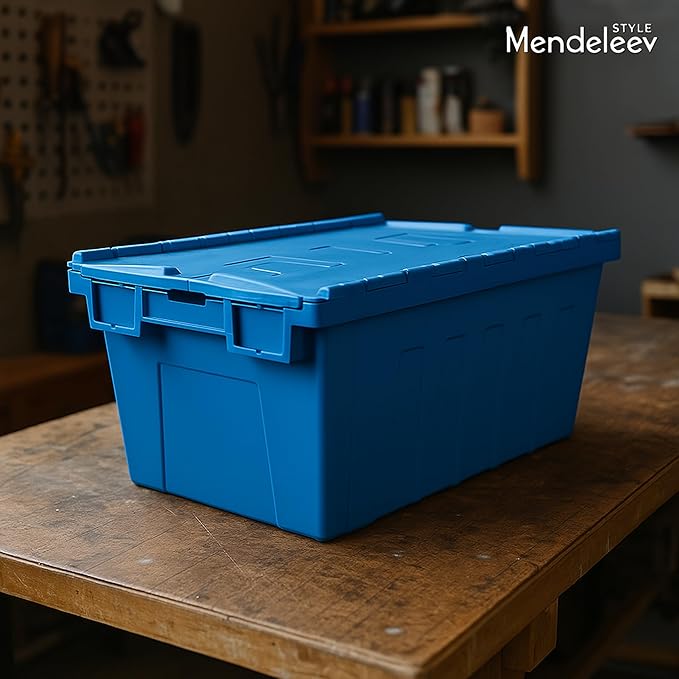6 PCS 16.5 Gallon Industrial Distribution Tote with Hinged Attached Lid – Stackable &amp Nestable Reusable Heavy-Duty Transport Container for Warehouse Logistics and Moving Use