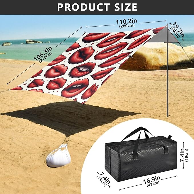ALAZA Red Lips Polka Dots Beach Tent Sun Shelter UPF50+ Protection Beach Shade Canopy w/ 4 Sandbags for Outdoor Camping Fishing Backyard Fun Picnic 10x9 ft
