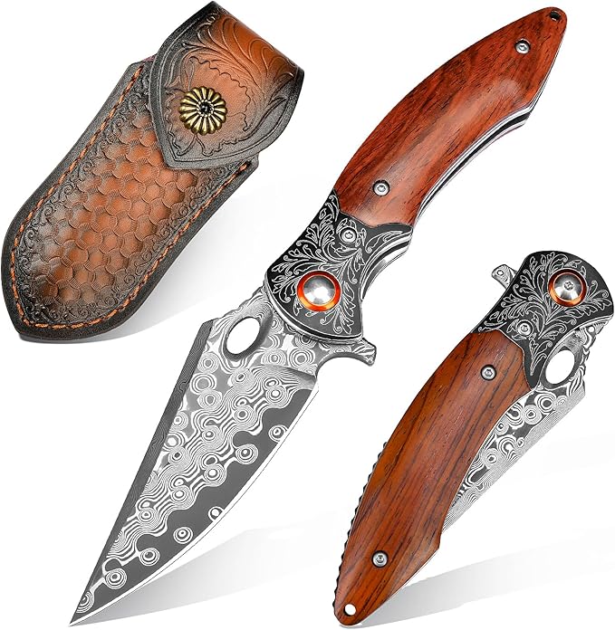 Zingbee Damascus Pocket Knife 3.27” Damascus Blade EDC Folding Knives with Guibourtia Wooden Handle Christmas Ideal for Utility Gift