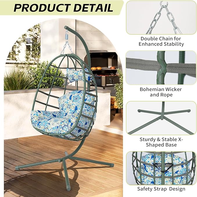 Hanging Egg Chair with Stand Outdoor Indoor Patio Rattan Swing Hammock Chairs with Washable Cushion 350lbs Capacity PE Wicker Swing Chair for Backyard Bedroom Garden (Dark Green + Floral Cushion)