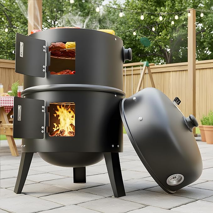 16 Inch Charcoal Smoker 3-in-1 Meat Smoker Grill with Thermometer &amp Dual Cooking Racks Portable Outdoor BBQ Smoker with 2 Access Doors Easy to Clean for Backyard Camping &amp Parties