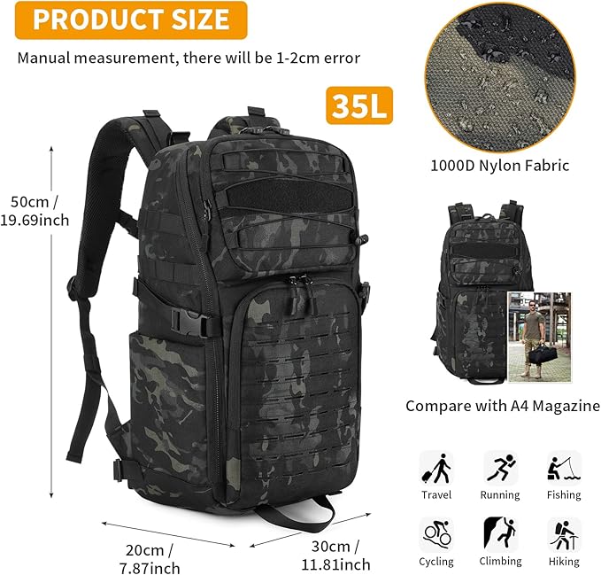 HUNTVP Tactical Backpack for Men 35L Military Backpack MOLLE 1000D Army Daypack 3 Day Bug Out Bag for Work Camping Hiking Outdoor Camo