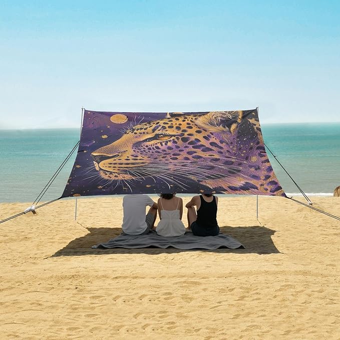 ALAZA Leopard on Purple Beach Tent Sun Shelter Portable Canopy Sunshade for Outdoor Camping Picnics Backyard Fun 10x9 ft